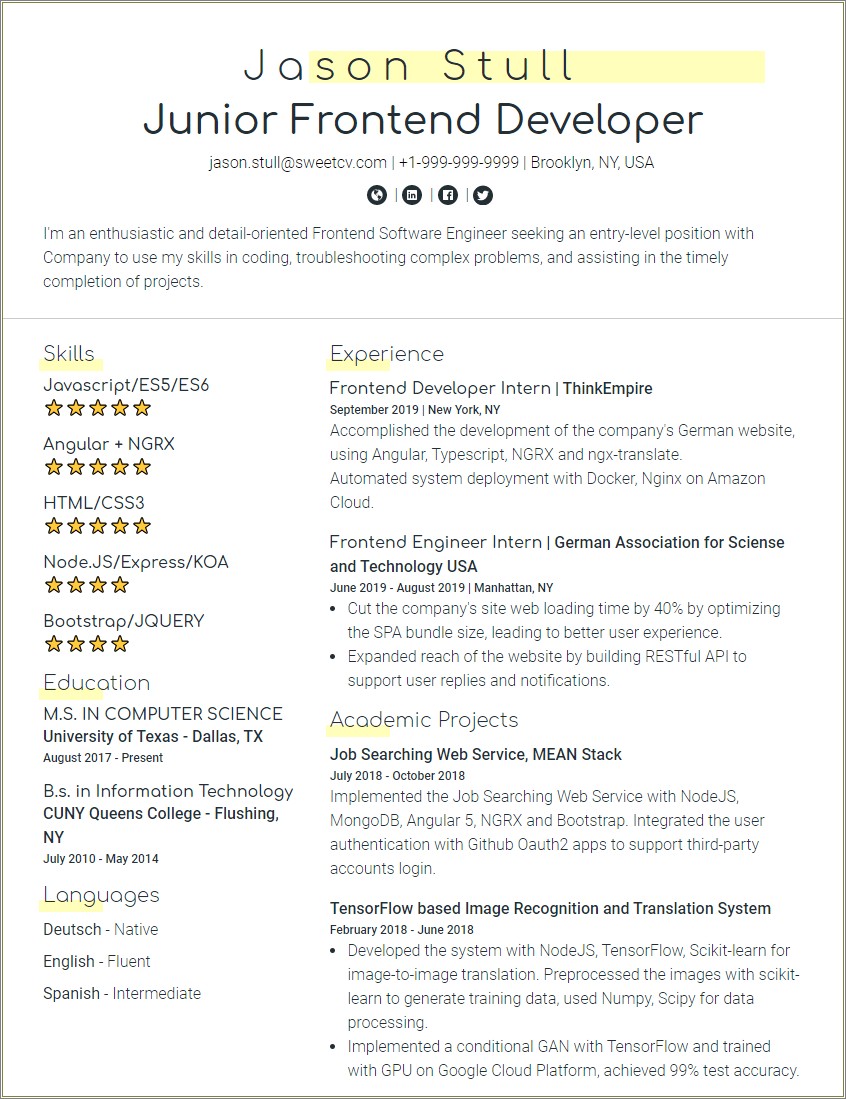 Sample Resume For Junior Web Developer