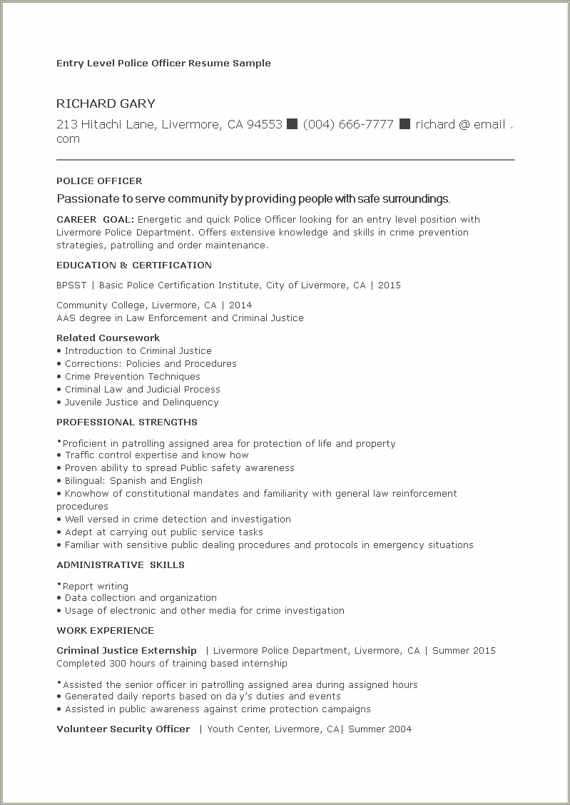 Sample Resume For Juvenile Detention Officer