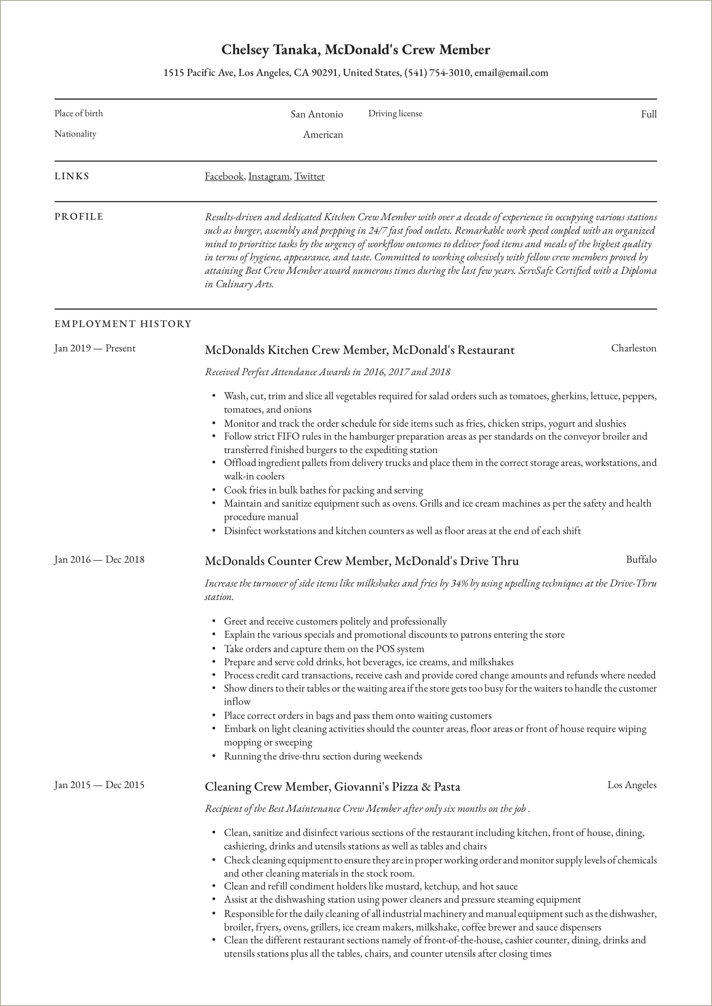 Sample Resume For Kfc Team Member