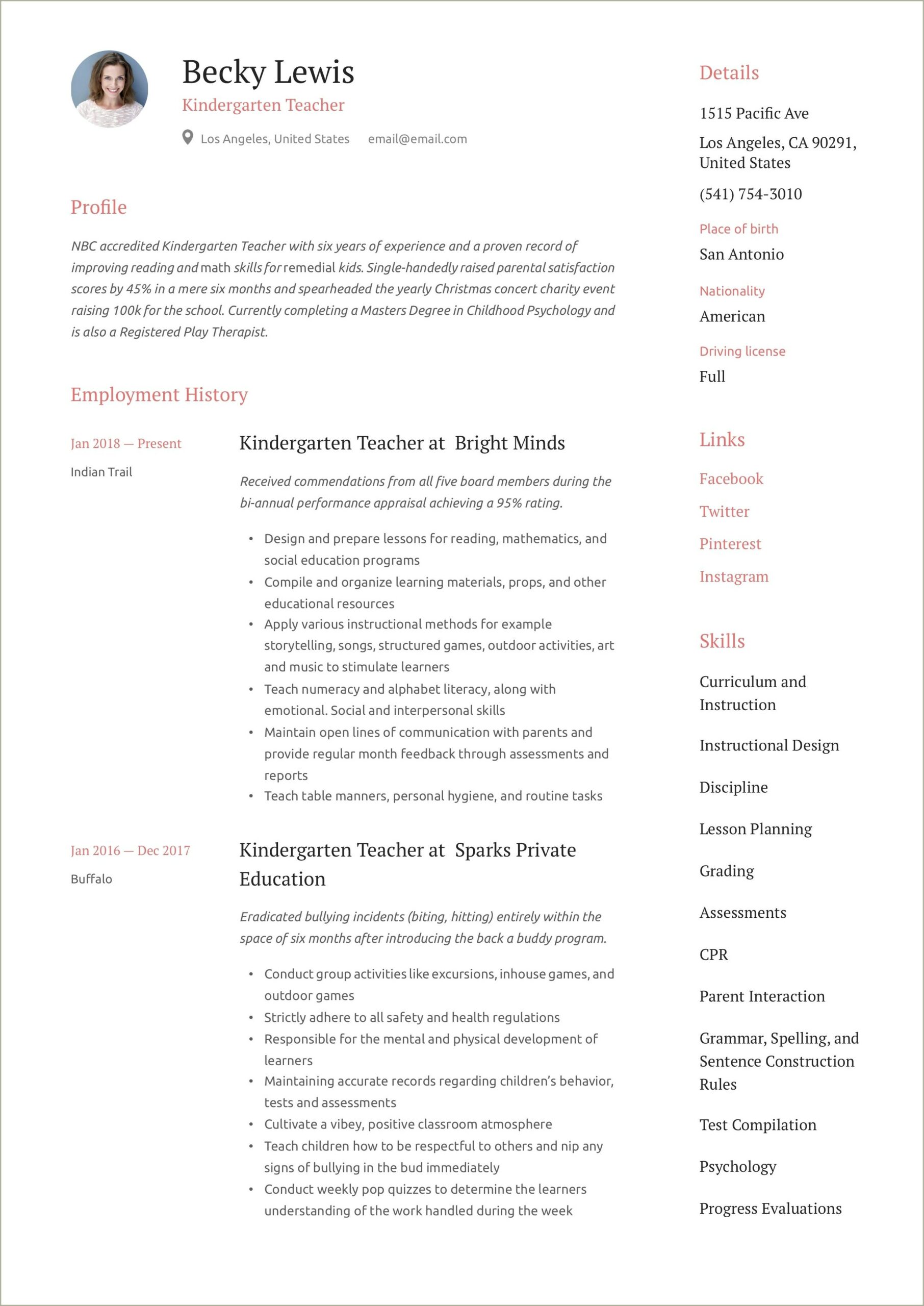 Sample Resume For Kindergarten Teacher Assistant