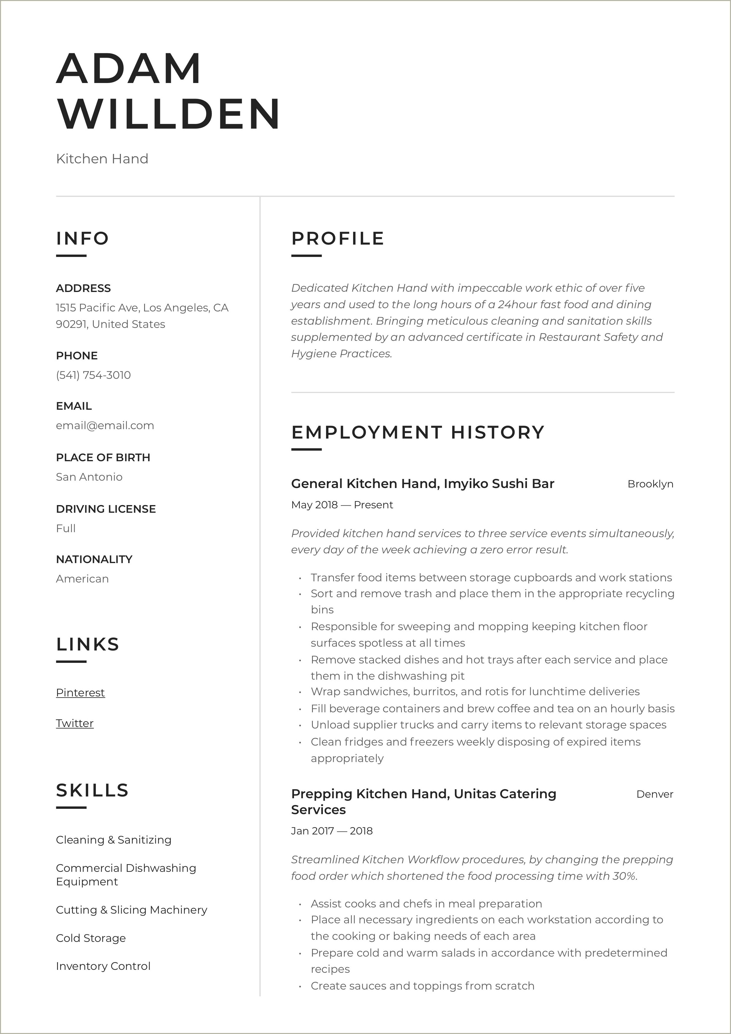 Sample Resume For Kitchen Staff Without Experience