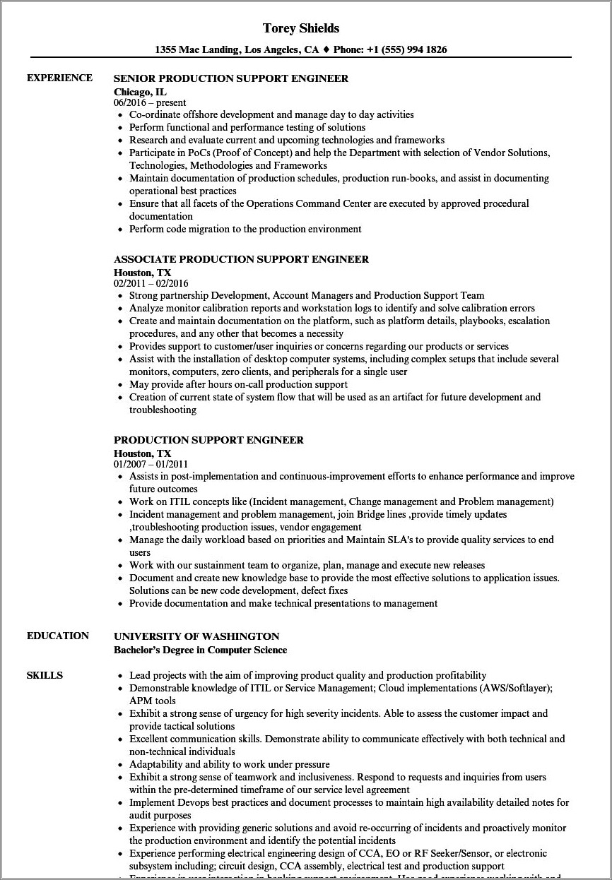 Sample Resume For L2 Support Engineer