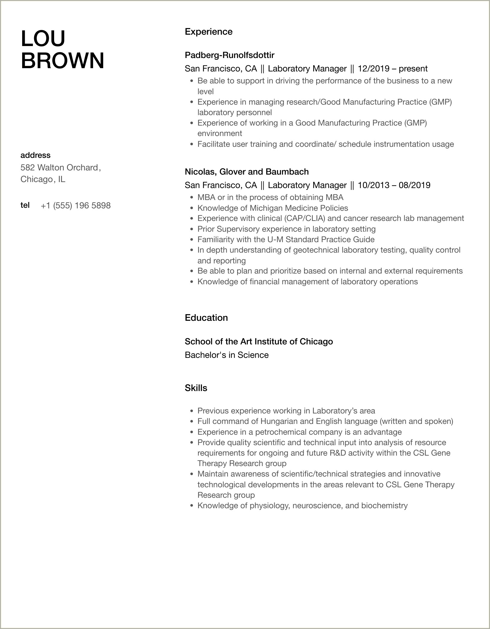 Sample Resume For Lab Manager Position