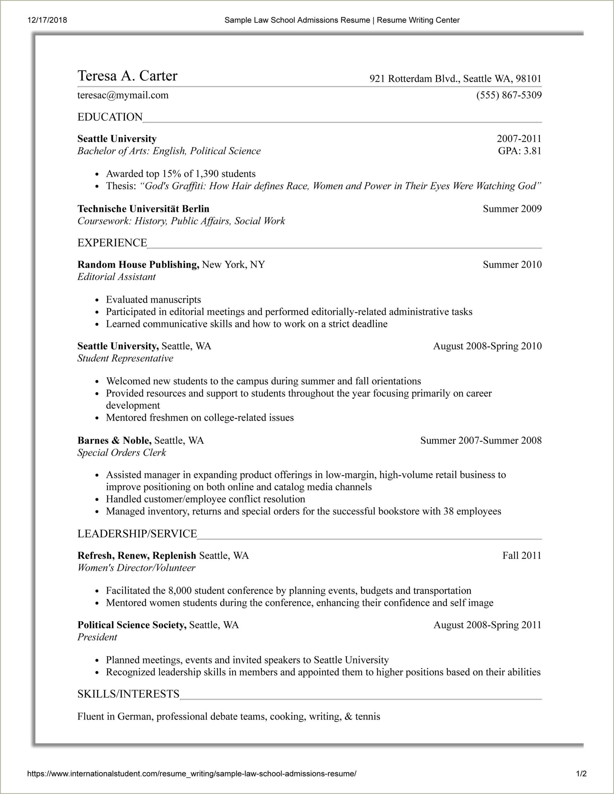 Sample Resume For Law School Graduate