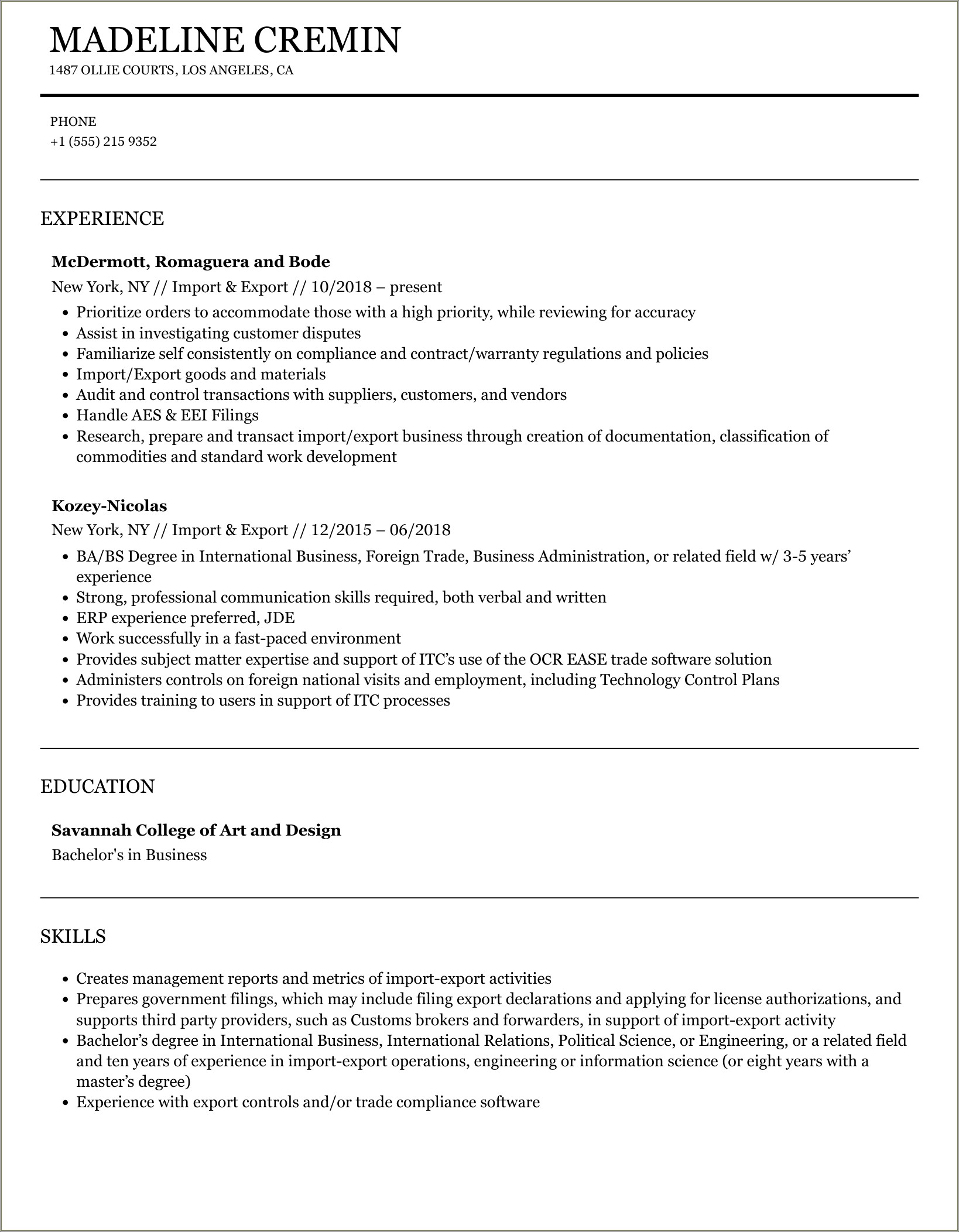 Sample Resume For Lcl Import Customer Service