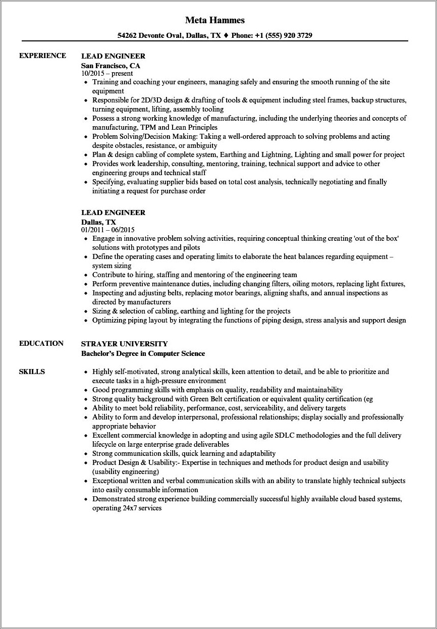 Sample Resume For Lead Engineer