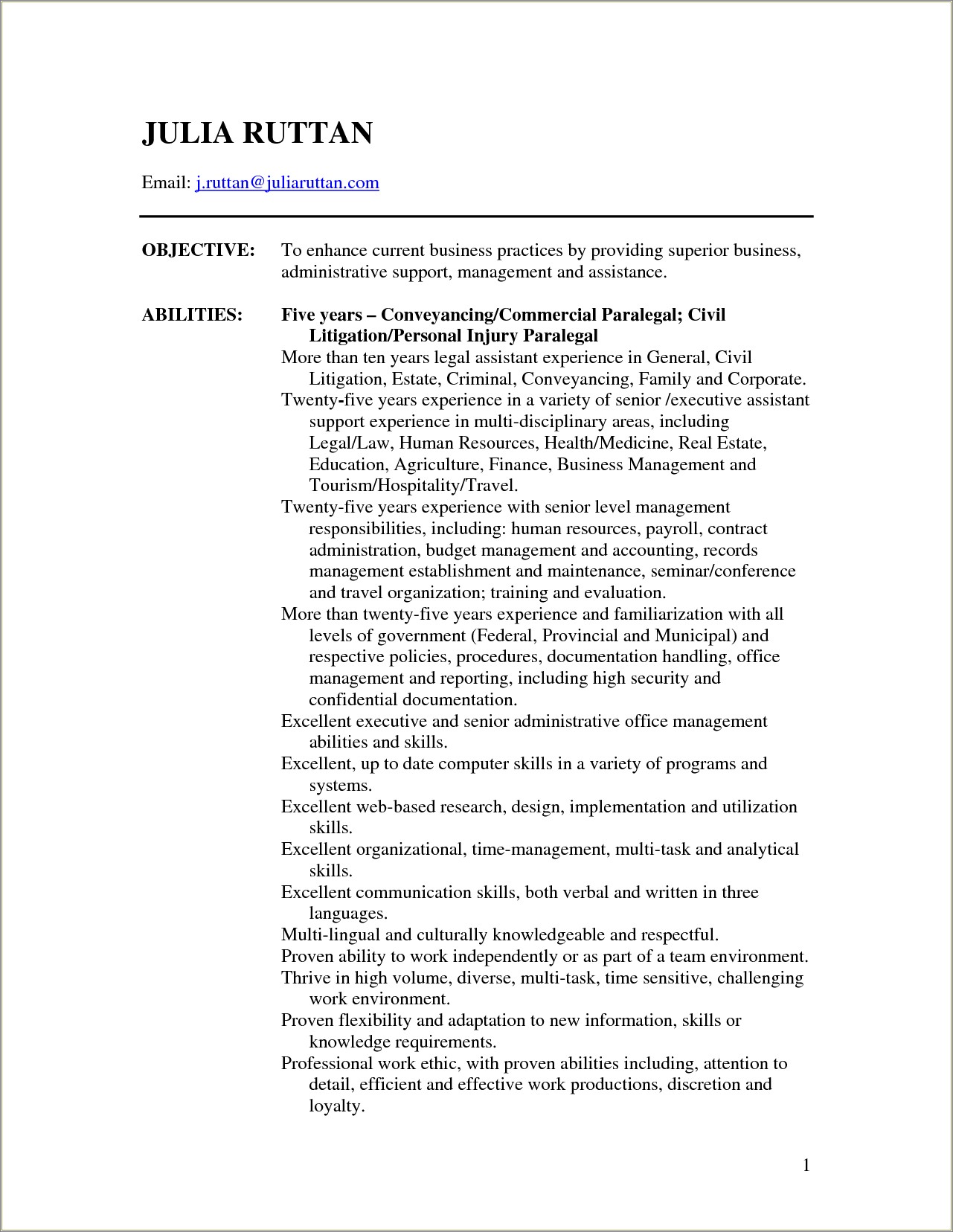 Sample Resume For Legal Assistant Paralegal