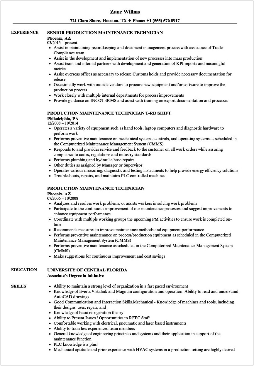 Sample Resume For Machine Maintenance Technician
