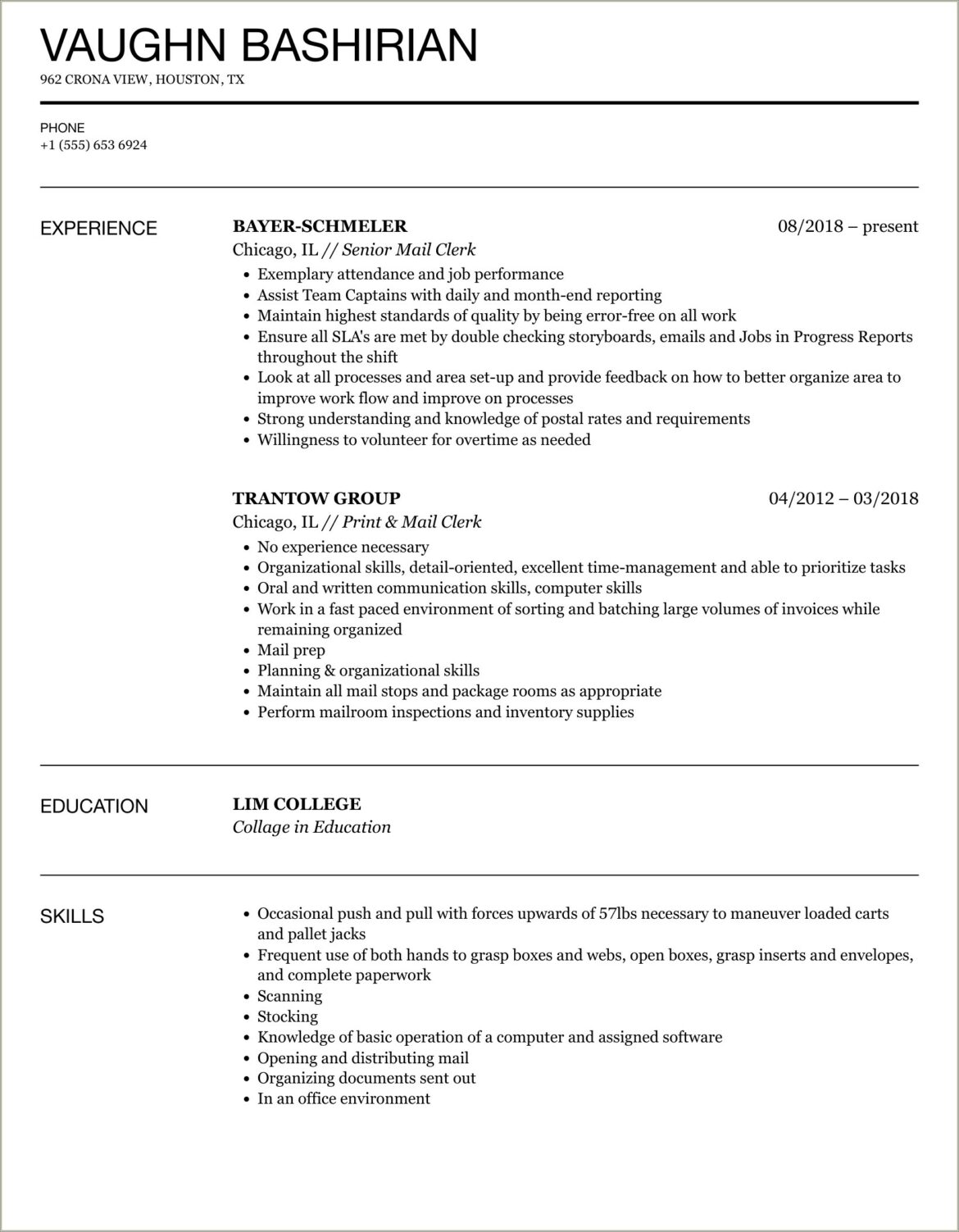 Sample Resume For Mail Processing Clerk