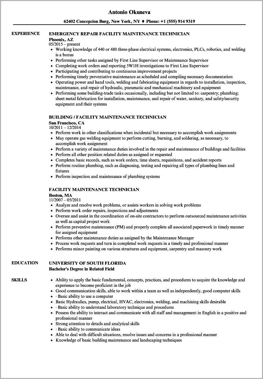 Sample Resume For Maintenance Technician Doc