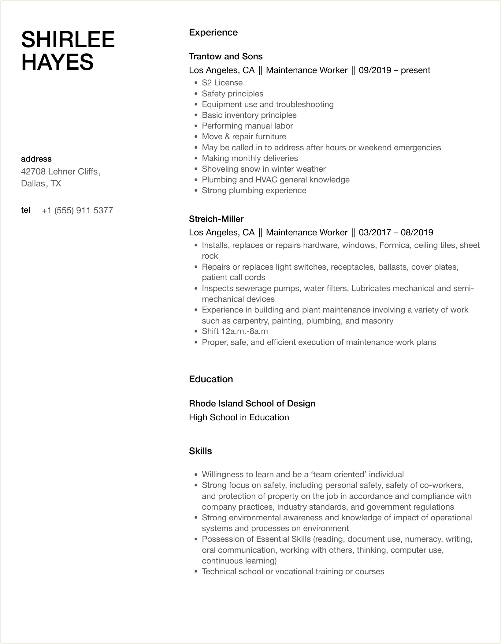 Sample Resume For Maintenance Wendy's Team Member