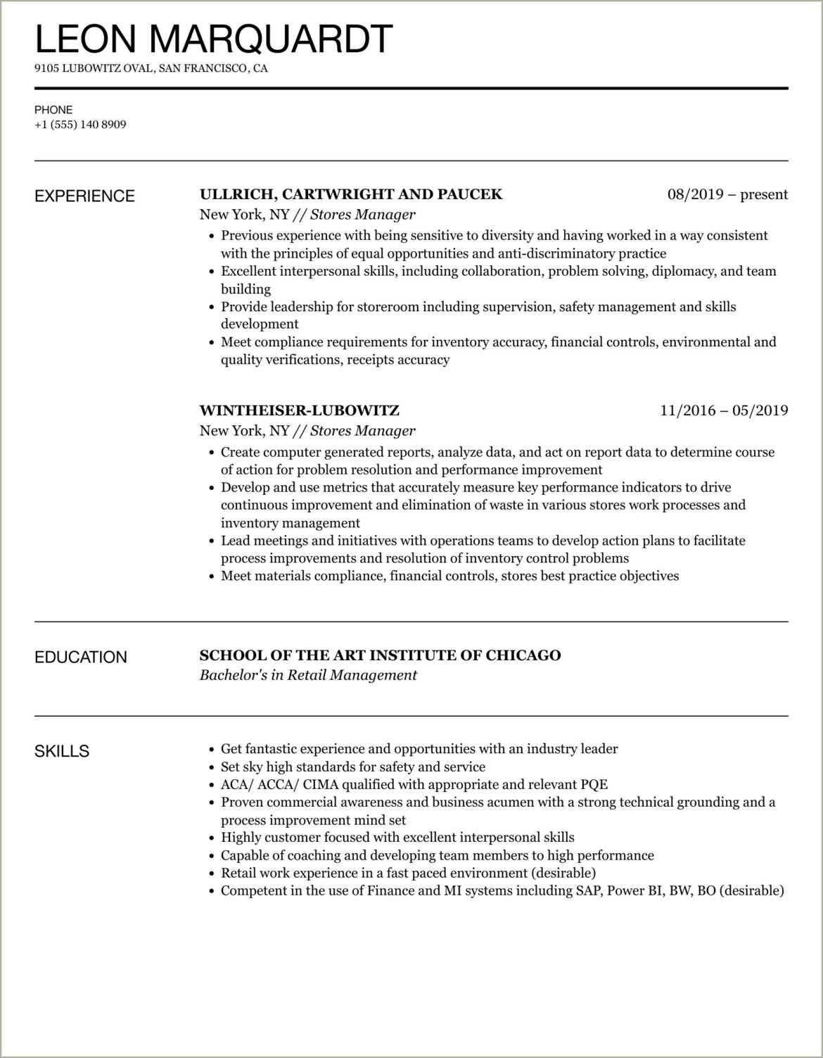 Sample Resume For Manager In Retail