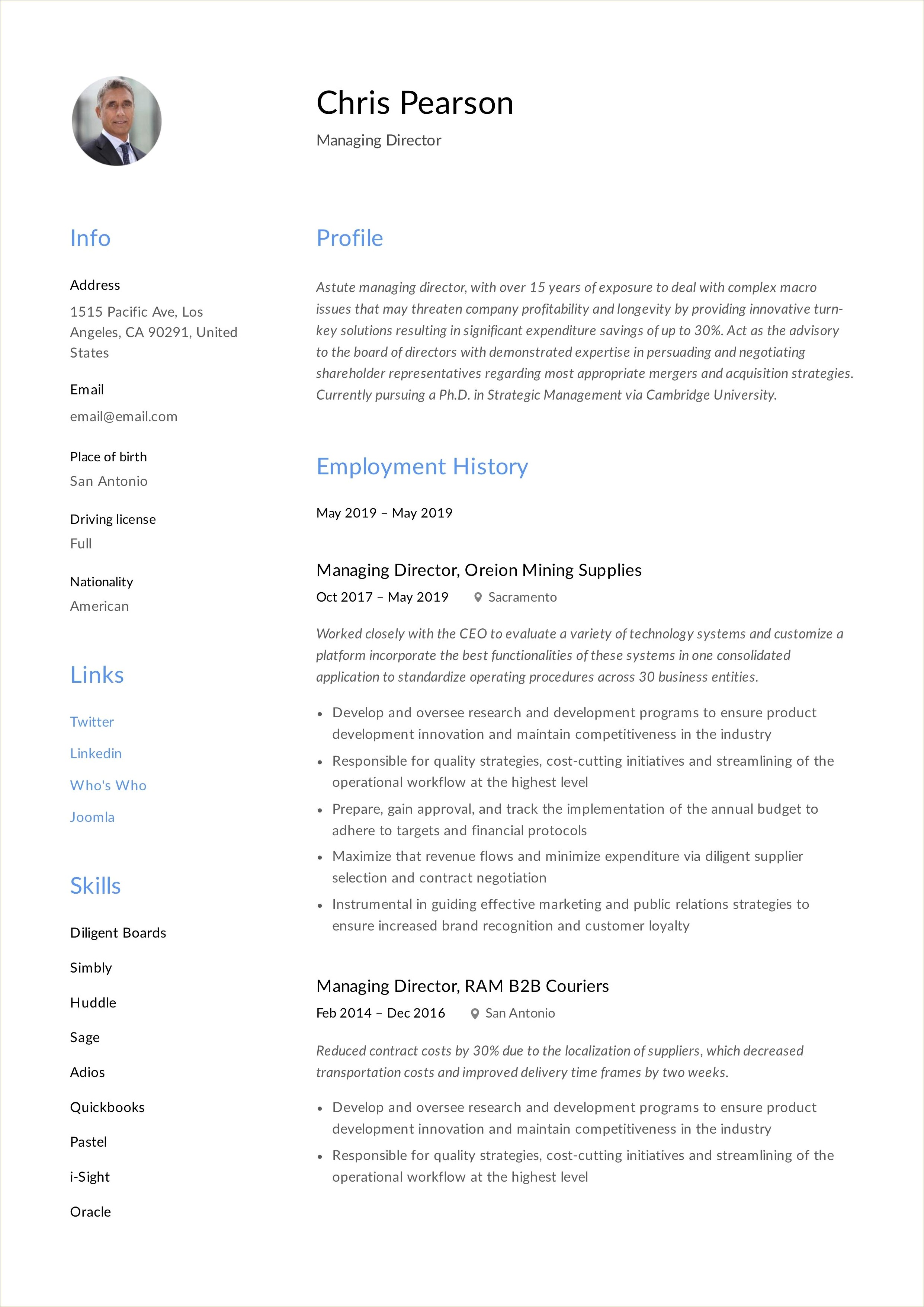 Sample Resume For Managing Director Position