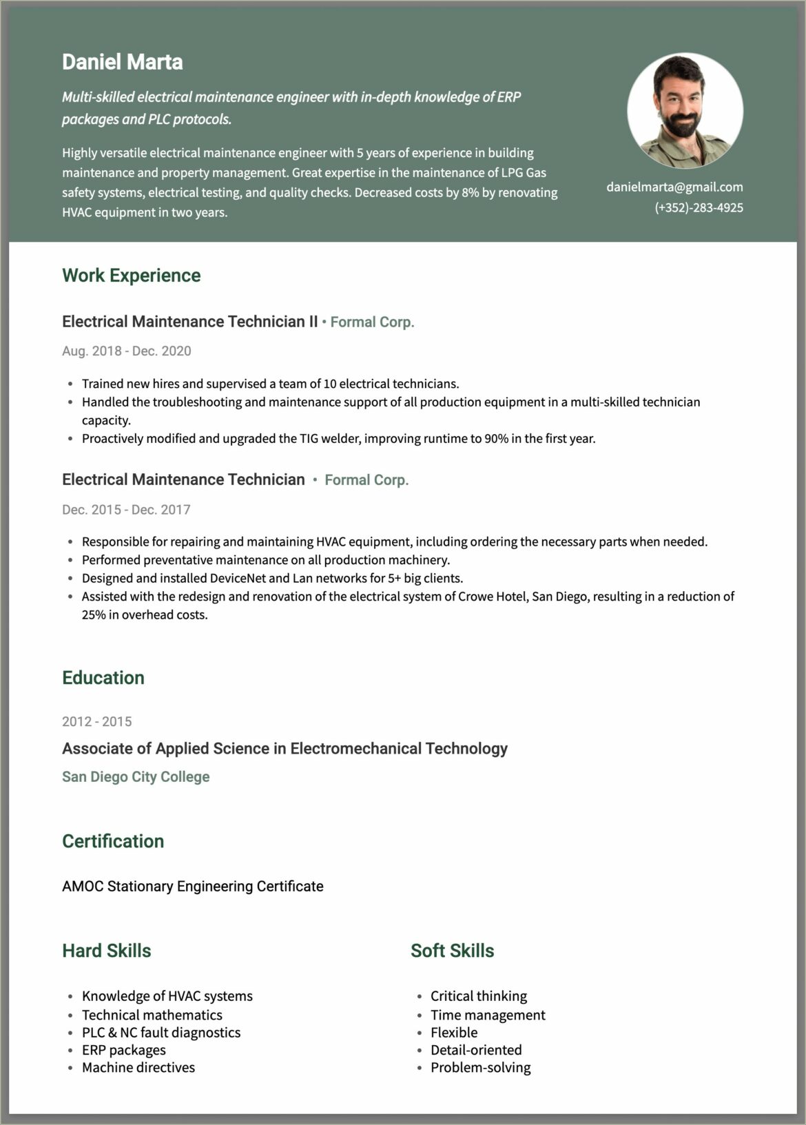 Sample Resume For Manufacturing Maintenance Technician