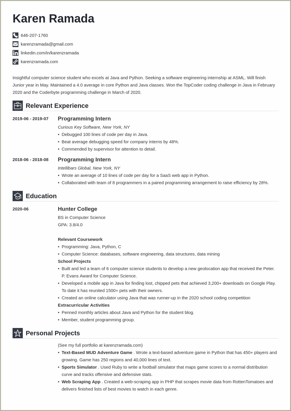 Sample Resume For Masters In Computer Science