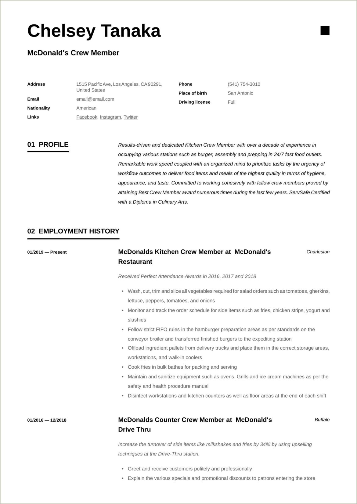 Sample Resume For Mcdonalds Crew Member