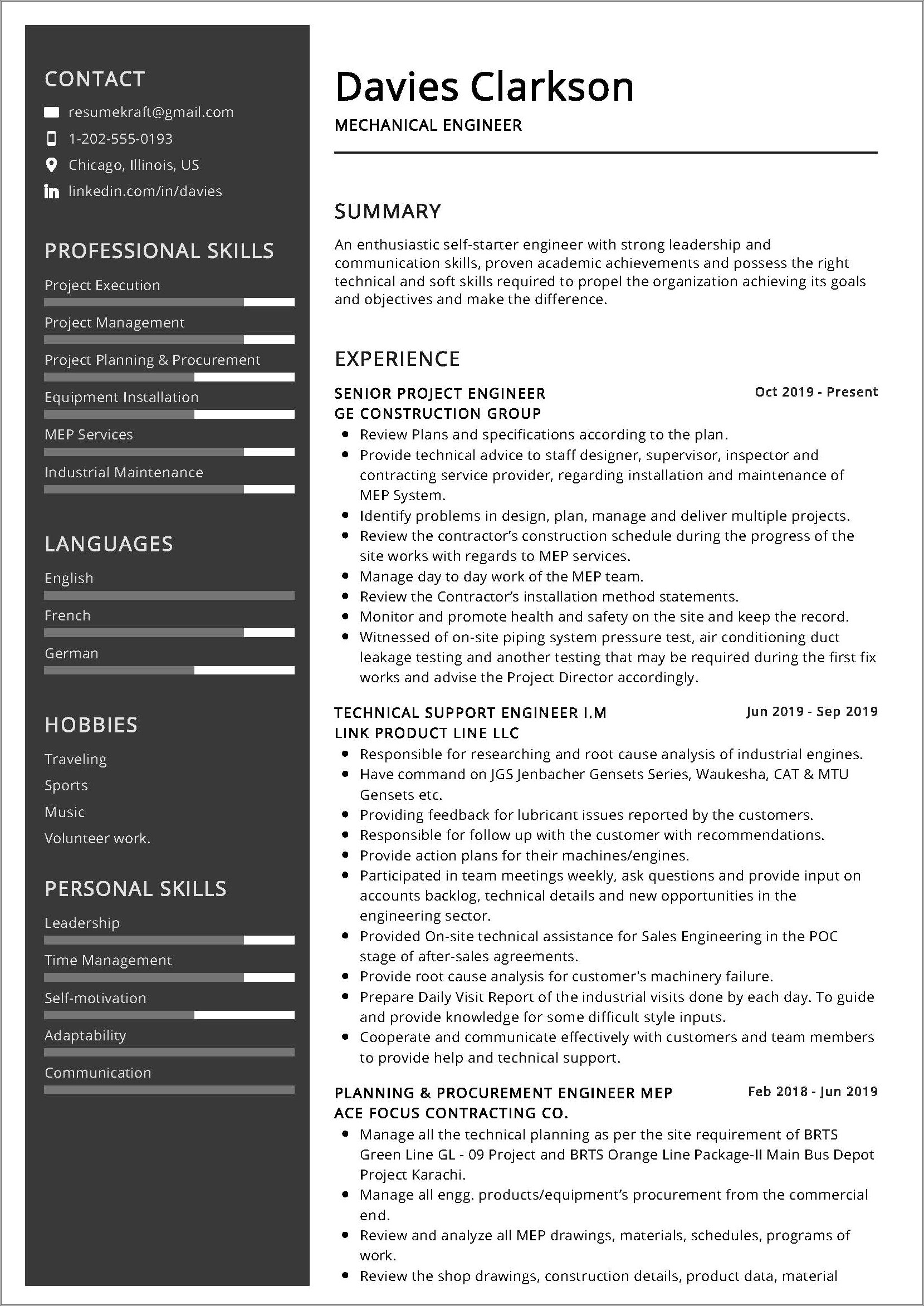 Sample Resume For Mechanical Engineer In Construction