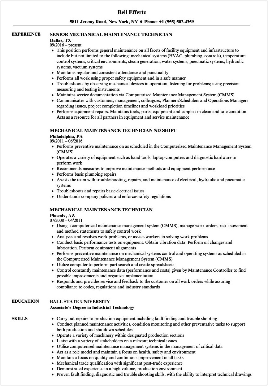Sample Resume For Mechanical Maintenance Technician