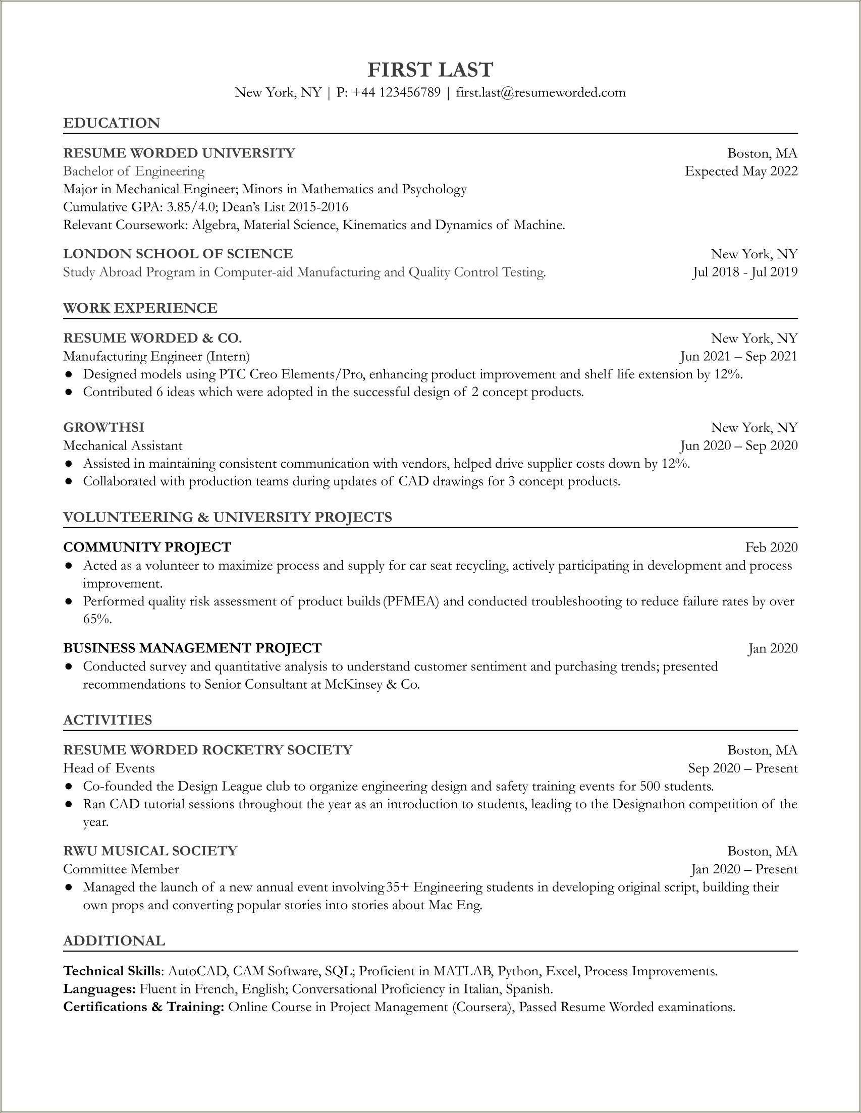Sample Resume For Mechanical Production Engineer