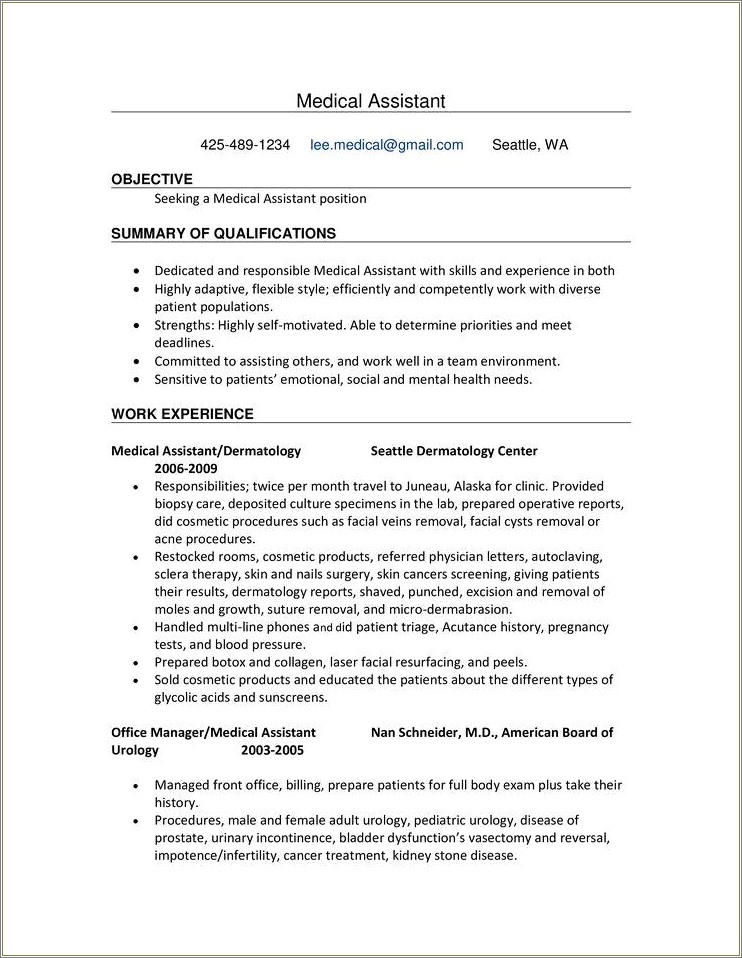 Sample Resume For Medical Assistant Entry Level