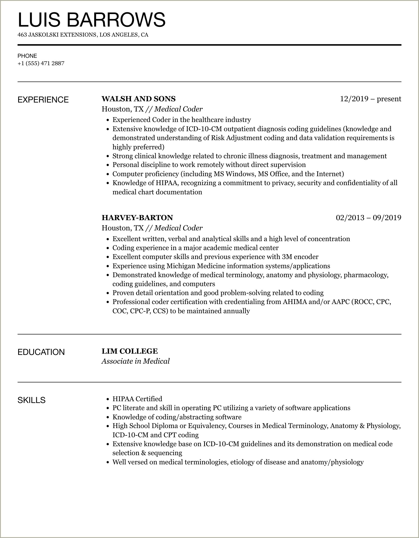 Sample Resume For Medical Coder With Experience