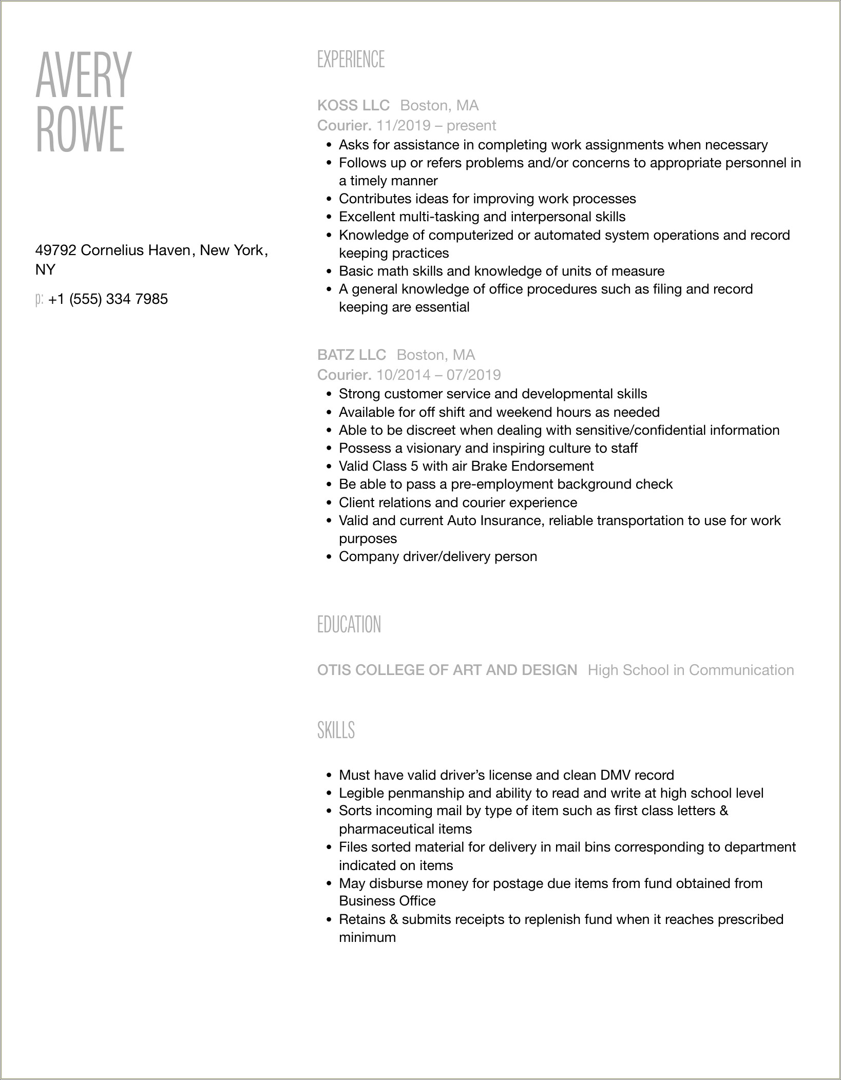 Sample Resume For Medical Courier Driver