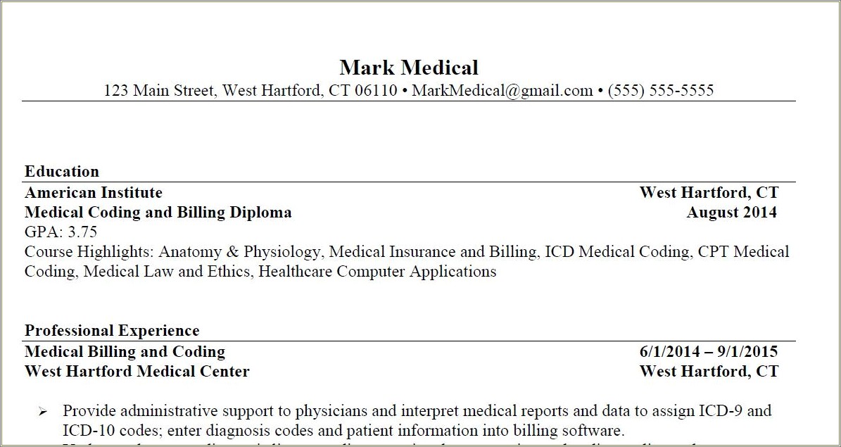 Sample Resume For Medical Insurance Billing And Coding