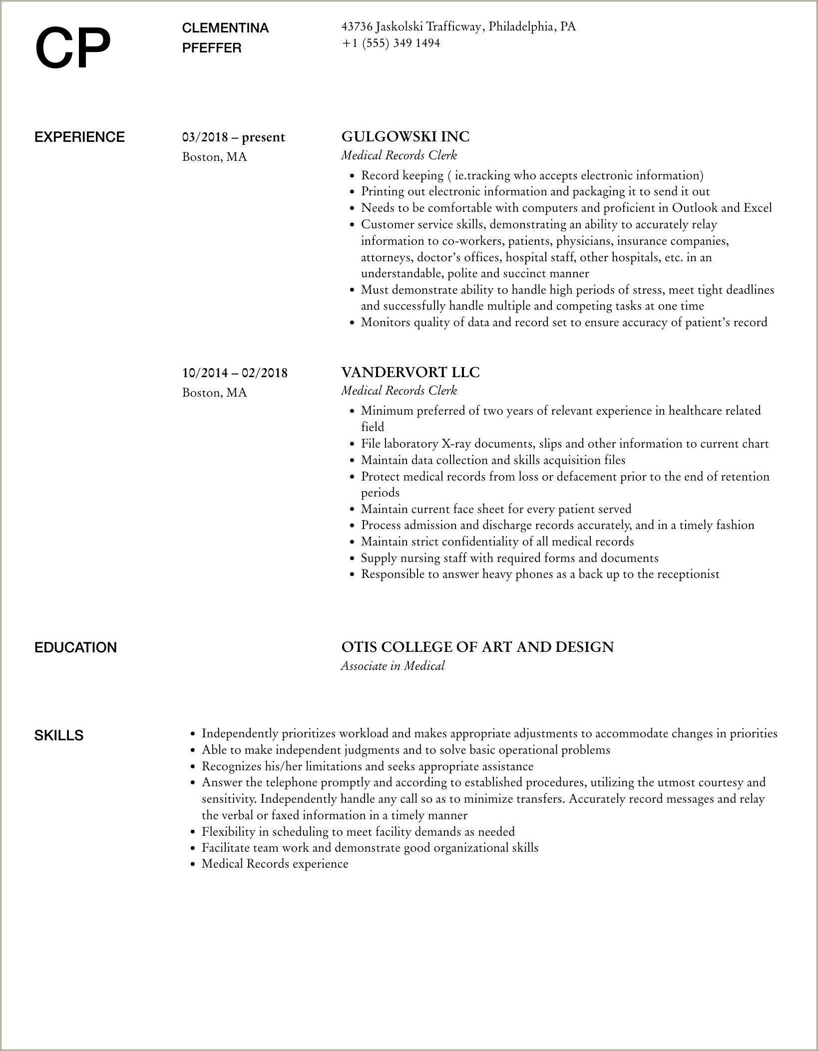 Sample Resume For Medical Records Manager