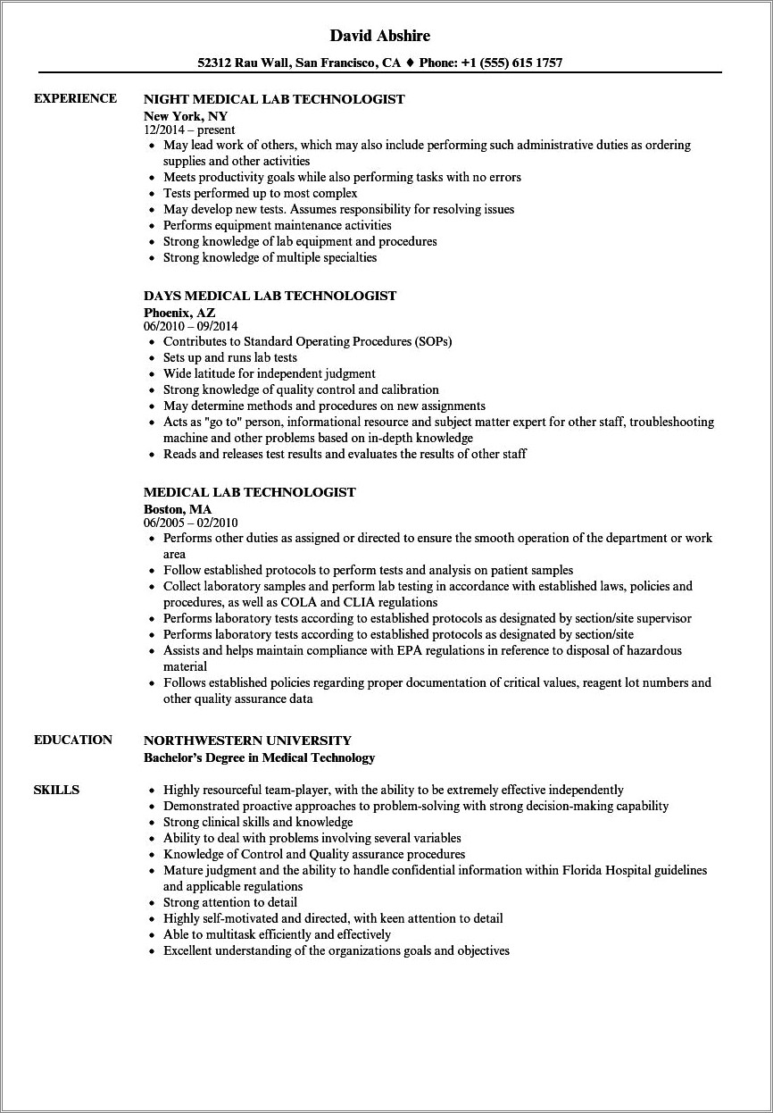 Sample Resume For Medical Technologist Pdf