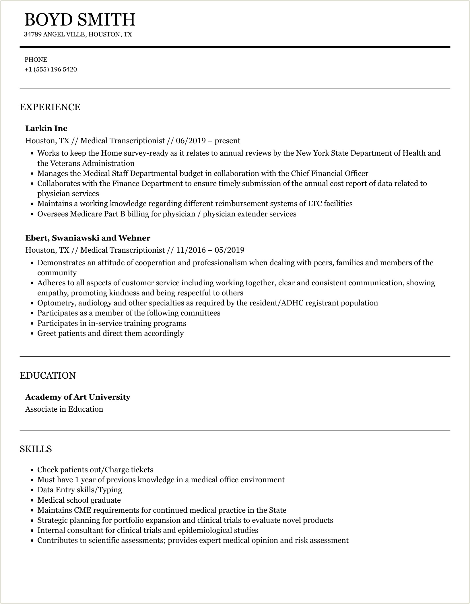 Sample Resume For Medical Transcriptionist Fresher