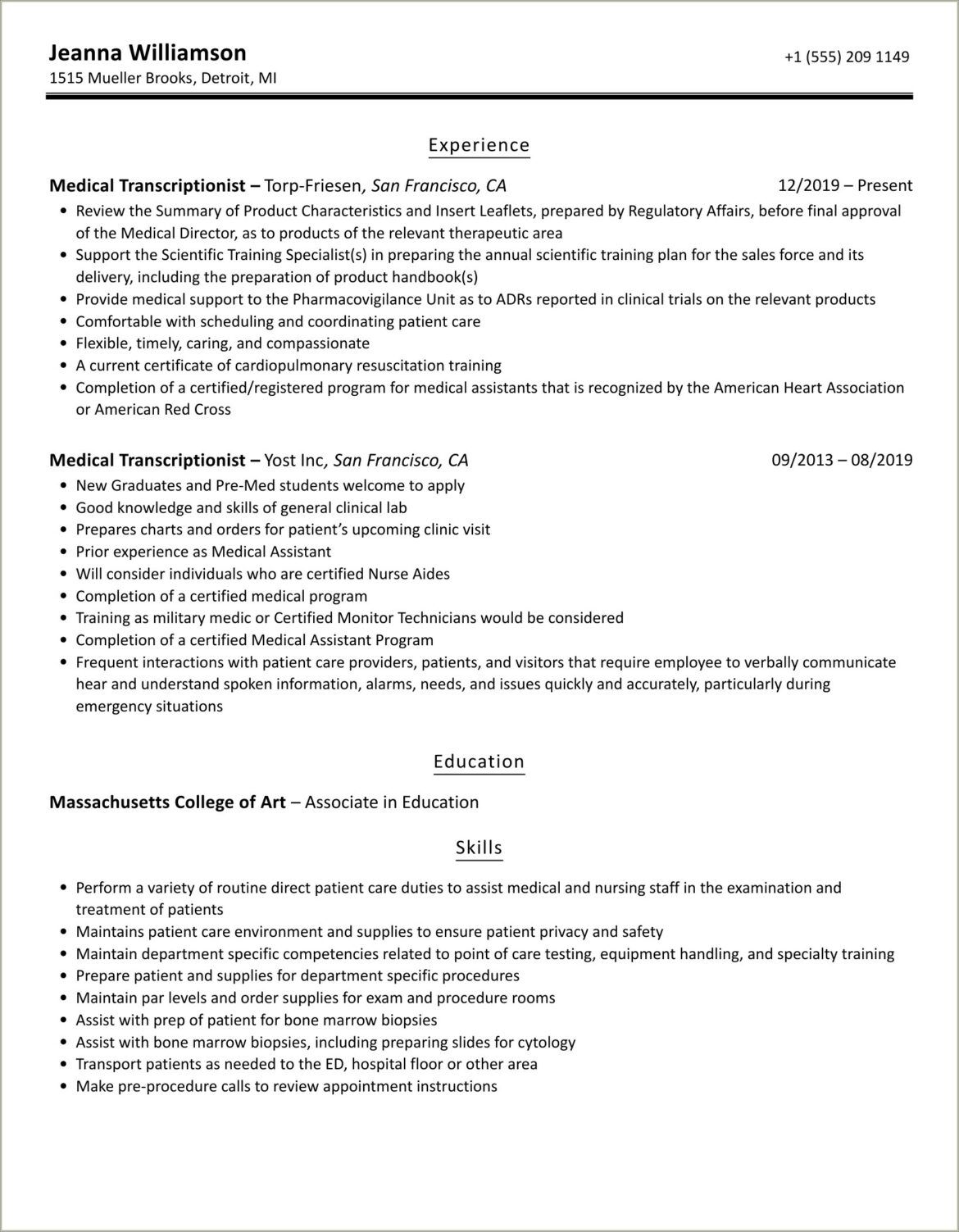 Sample Resume For Medical Transcriptionist With No Experience