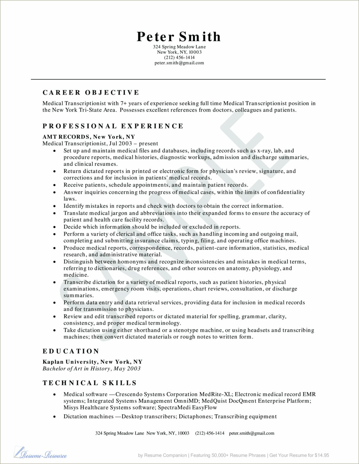 Sample Resume For Medical Transcriptionist Without Experience