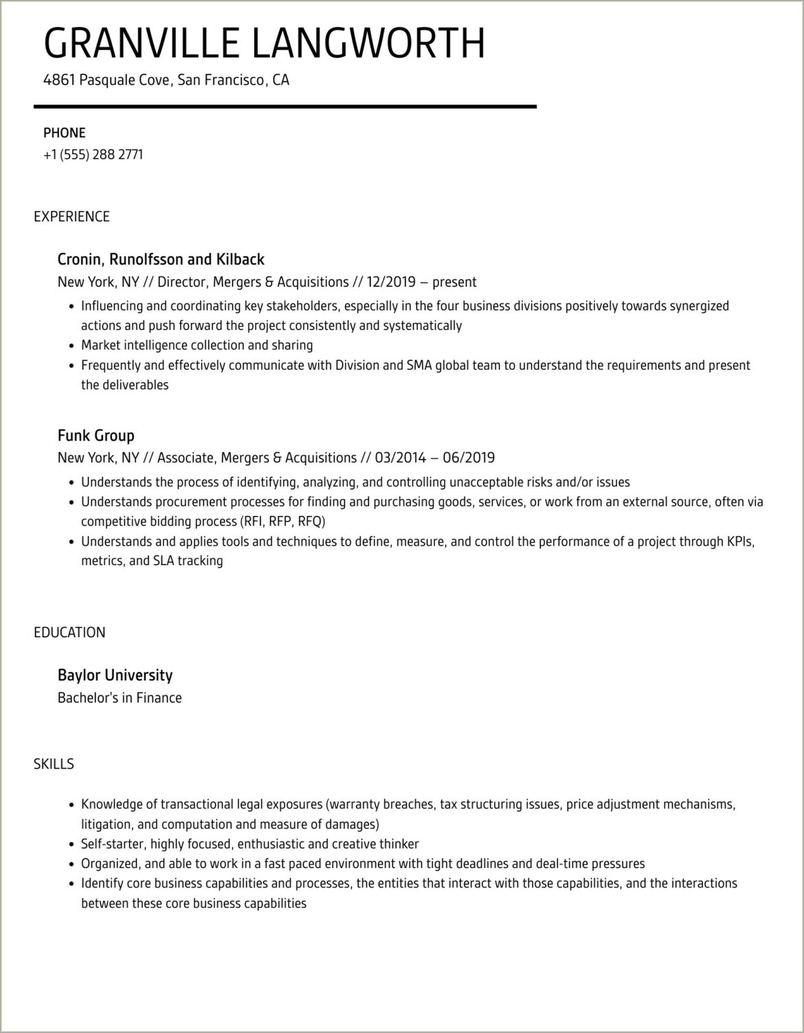 Sample Resume For Mergers And Acquisitions