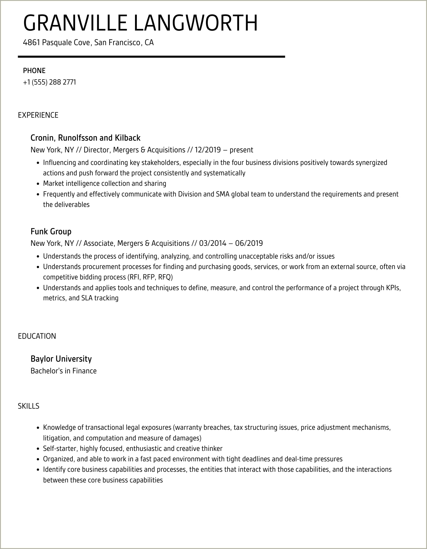 Sample Resume For Mergers And Acquisitions