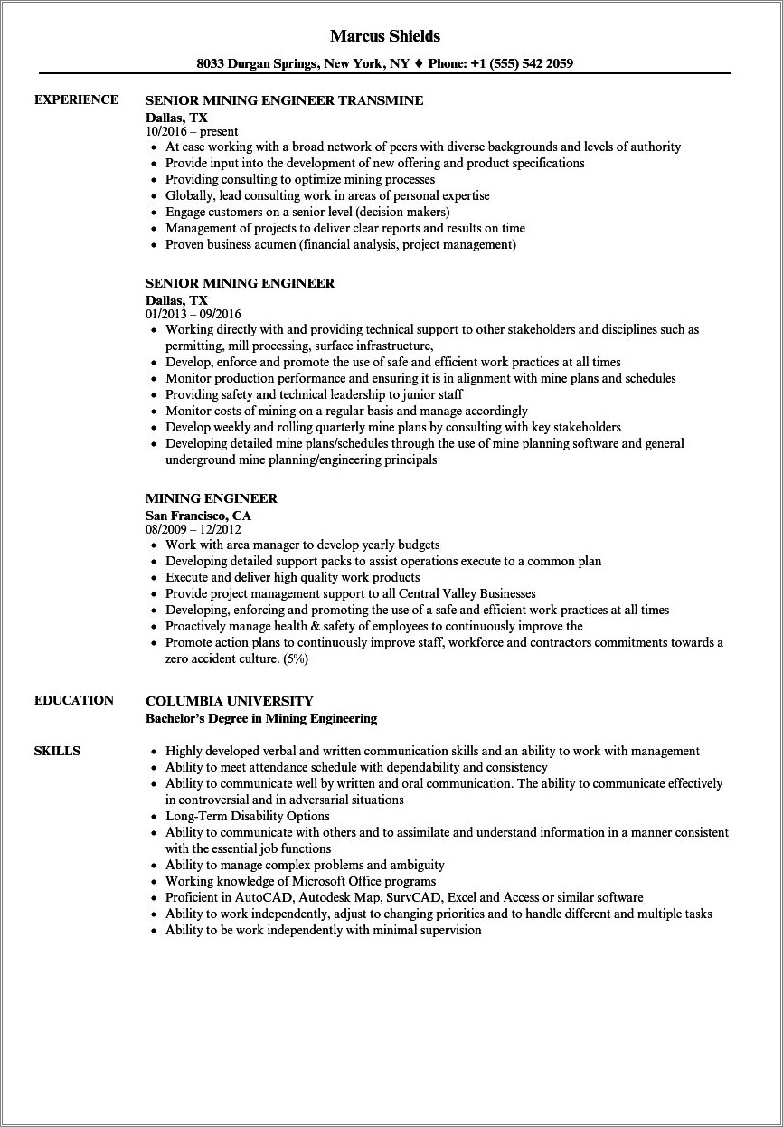 Sample Resume For Mining Planning Engineer