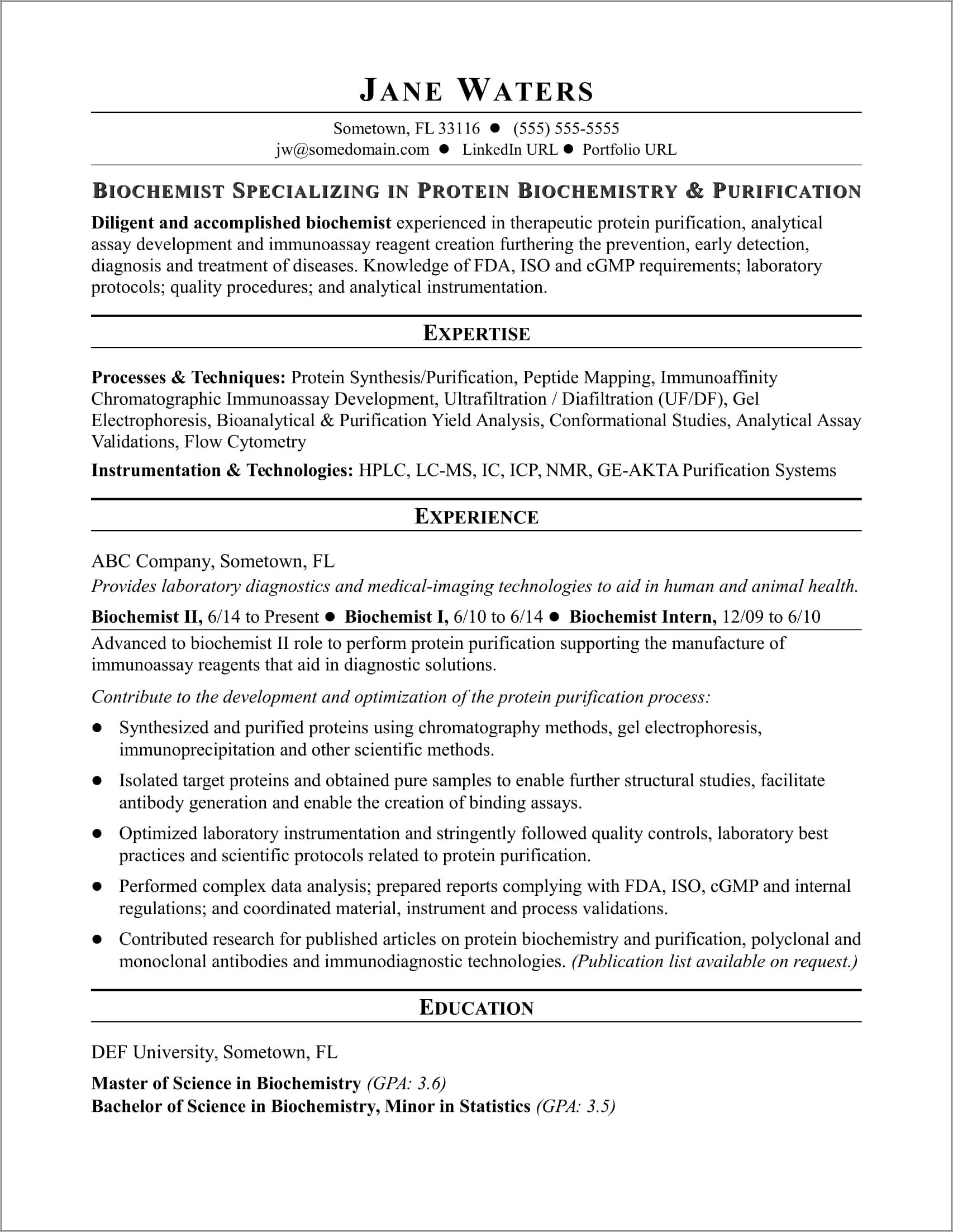 Sample Resume For Msc Chemistry Experience