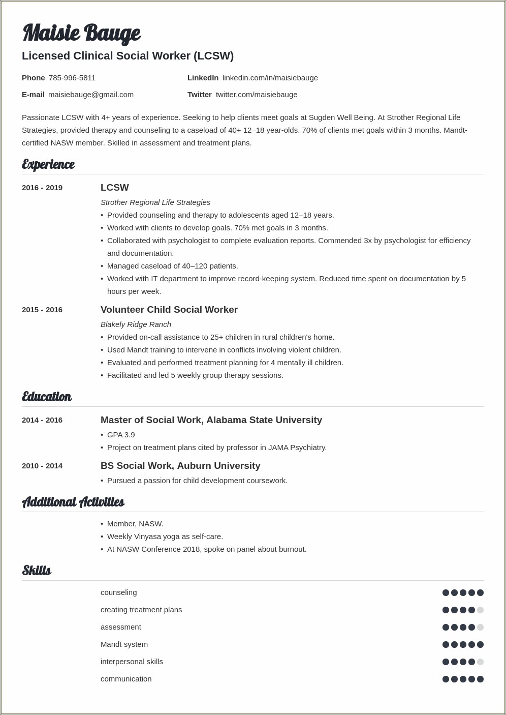 Sample Resume For Msw Social Worker