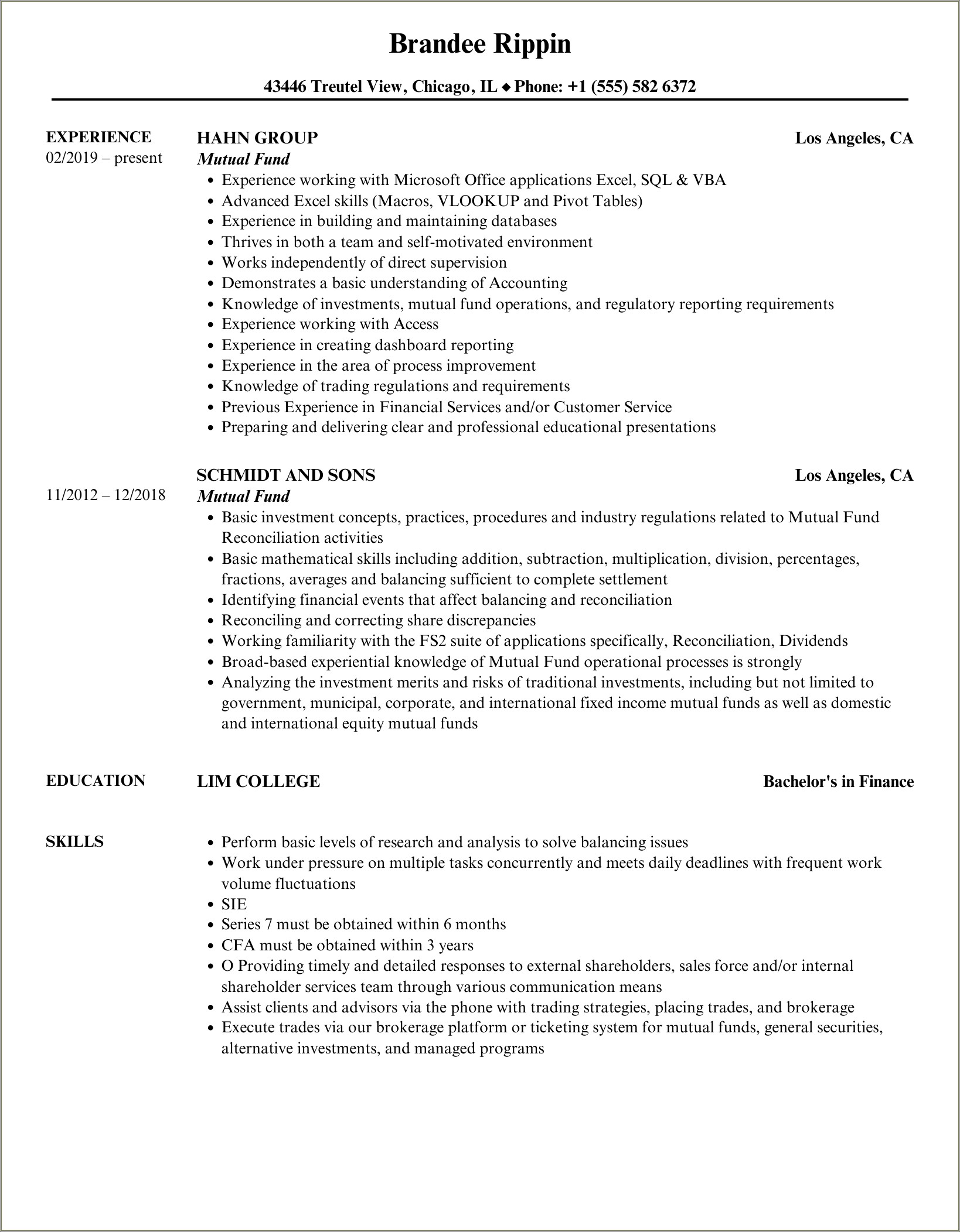 Sample Resume For Mutual Fund Operations