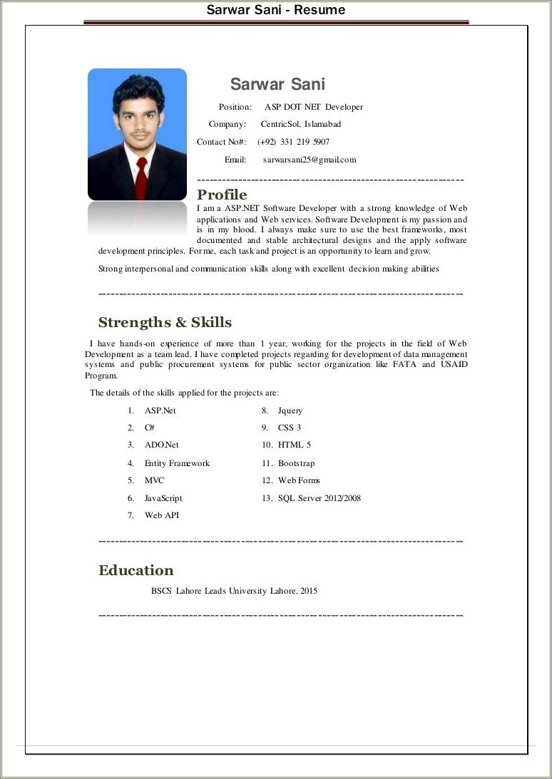 Sample Resume For Net Developer Using Entity Framework