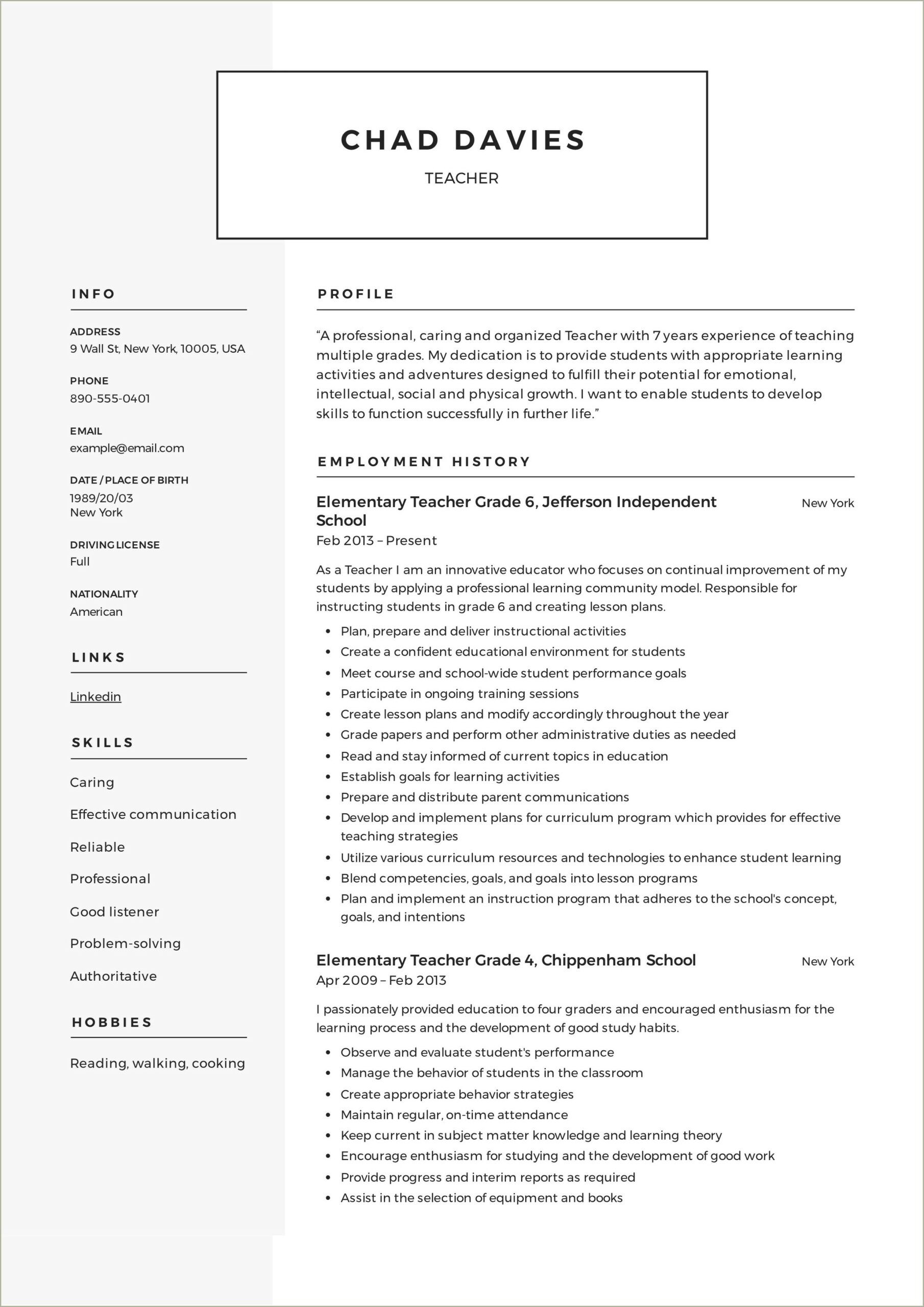 Sample Resume For Newly Graduated Teacher