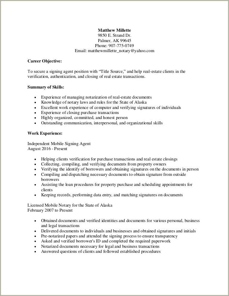 Sample Resume For Notary Signing Agent