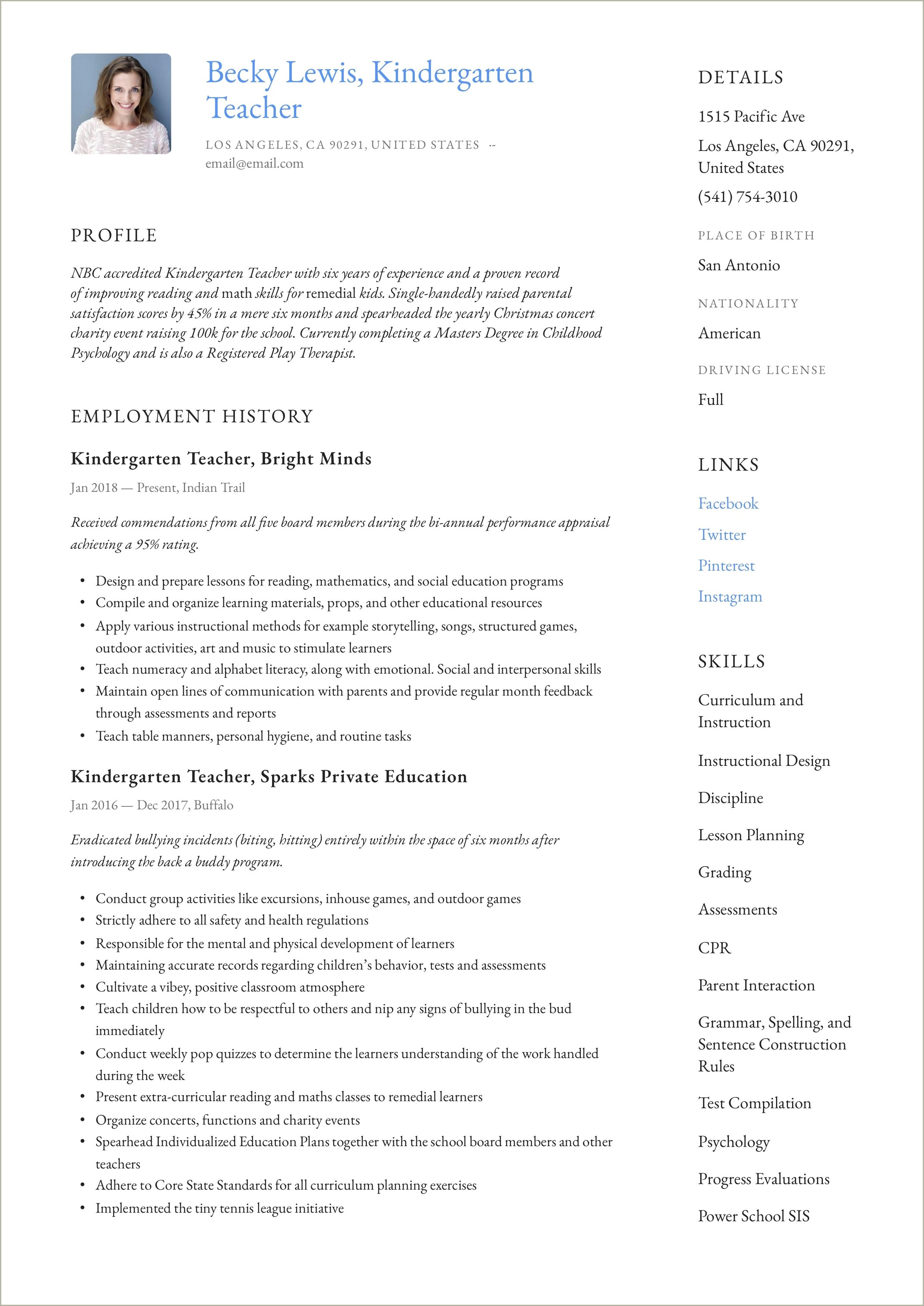 Sample Resume For Nursery School Teacher