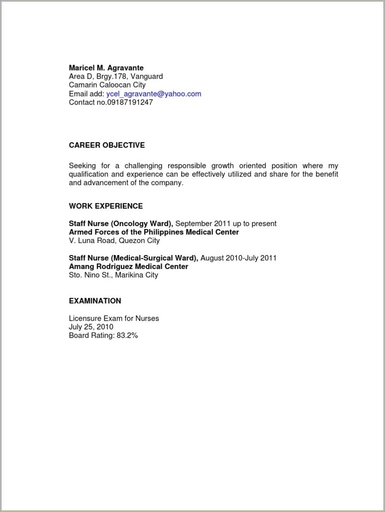 Sample Resume For Nursing Assistant Job