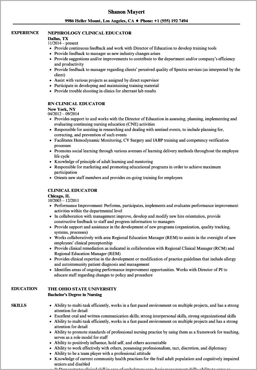 Sample Resume For Nursing Educator Position