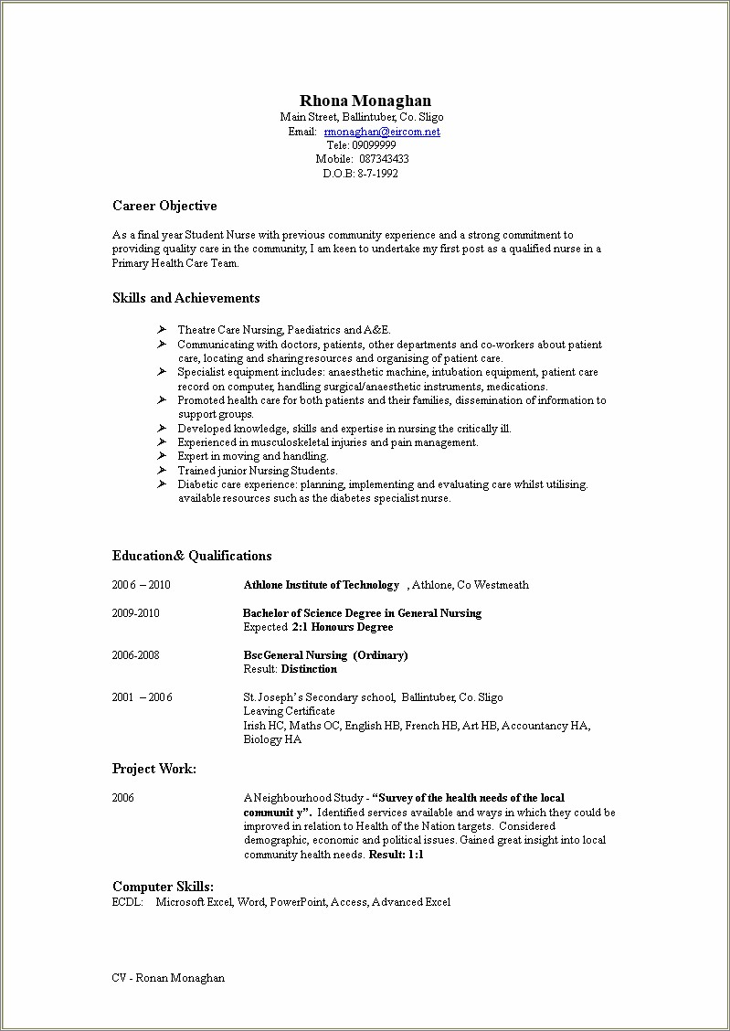 Sample Resume For Nursing Grad School