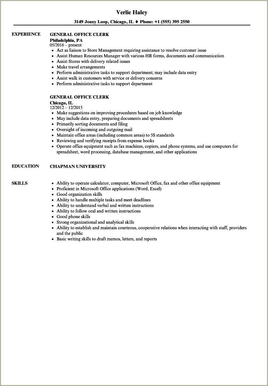 Sample Resume For Office Clerk With No Experience