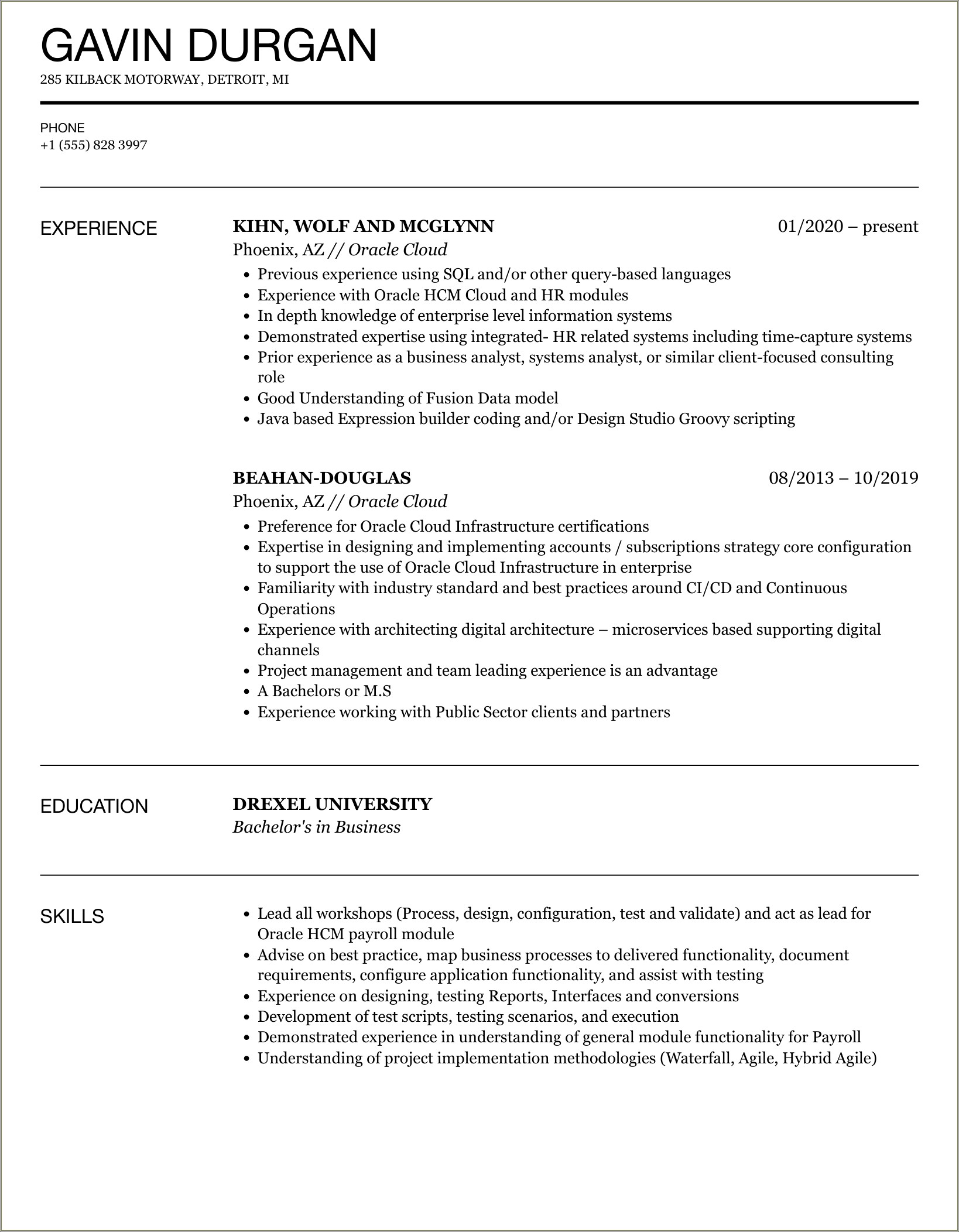 Sample Resume For Oracle Certified Professional