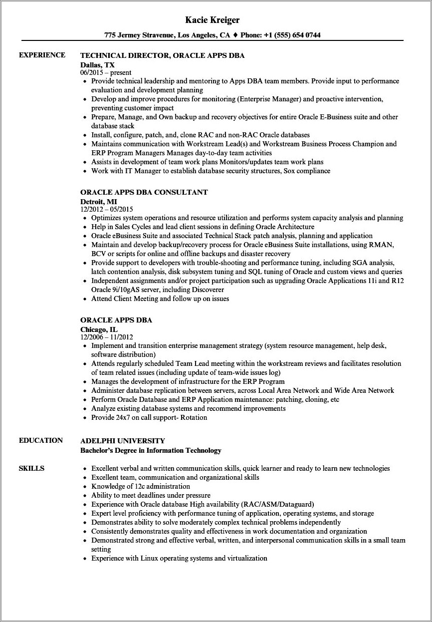 Sample Resume For Oracle Dba 3 Years Experience