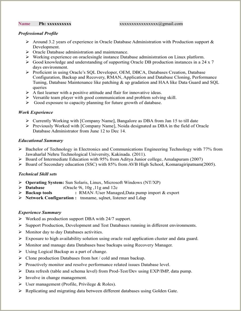 Sample Resume For Oracle Dba 5 Years Experience