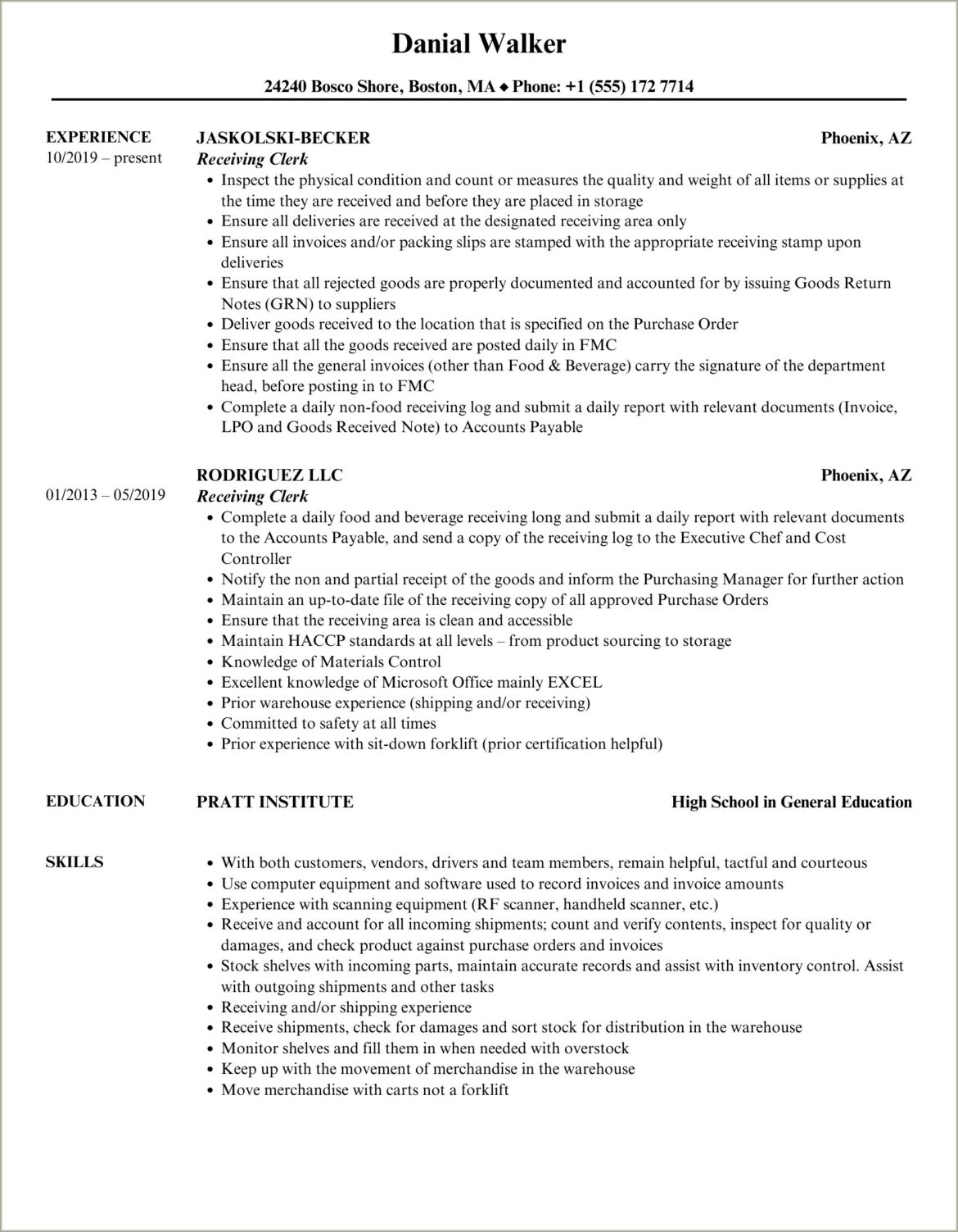 Sample Resume For Parking Autrity Clerk